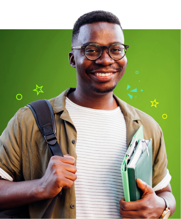 CDA Scholarships Section Image: Smiling man with book-bag and books.